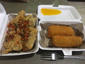 Jamur Keprek Sambal Marsh (top) and Risol Mayo (bottom) at Mie Panjang Umur in Malang