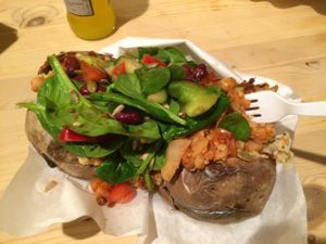 big potato with spinach, hummus and vegetable Curry filling at The Baked Potato Shop in Edinburgh