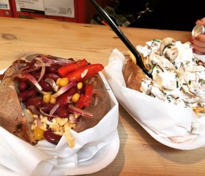 Mexican and Mushroom with Sour cream potatoes.  at The Baked Potato Shop in Edinburgh