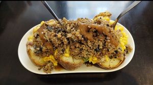 Vegan haggis with curry corn baked potato at The Baked Potato Shop in Edinburgh