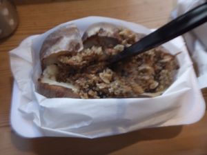Medium baked potato with hot vegan haggis topping. Great with brown sauce :) at The Baked Potato Shop in Edinburgh