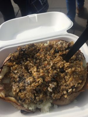 Delicious vegan haggis baked tattie at The Baked Potato Shop in Edinburgh