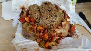 Large potato with three fillings at The Baked Potato Shop in Edinburgh