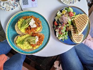 Salmon and tofu sandwich on the left, and vegan chicken panini on the right at Plant B in Antwerpen