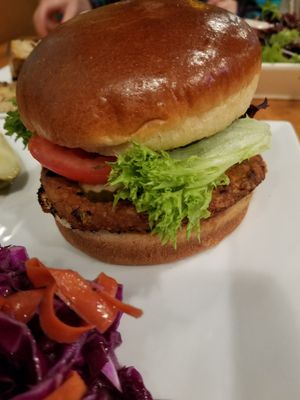 local-ingredient house-made veggie burger on a toasted bun at Feed the World Cafe in Kalamazoo