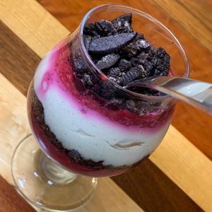 Peanut Butter Parfait: Peanut Butter Pudding, Raspberry Jam, Oreo Crumbles (Kalamazoo Vegan Chef Challenge 5/25) at Bell's Brewery in Kalamazoo