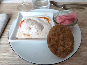 Meringue cream with  hot apricot, homemade raspberry sorbet, tonka cake at La Ferm'intention in Ile-de-noirmoutier