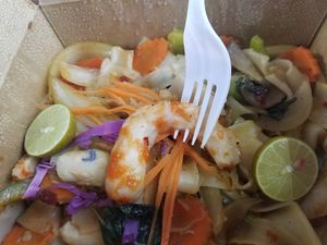 Spicy noodles with soy shrimp  at Thai Vegan in San Antonio