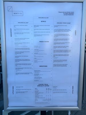 Menu at Monty's Cafe in Scarborough