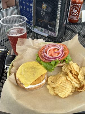 Chick’n sandwich with chicken & a kombucha!  at Herbivores in Kailua Kona