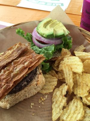 Taro Burger w/ Avo, "Bacon", "cheese" at Herbivores in Kailua Kona