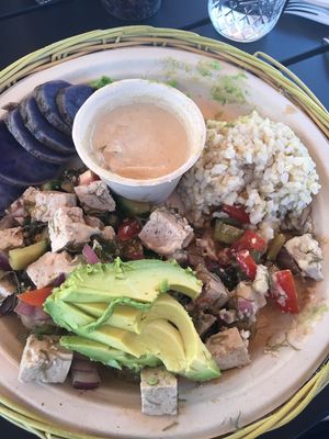 Vegan poke bowl with avocado  at Herbivores in Kailua Kona