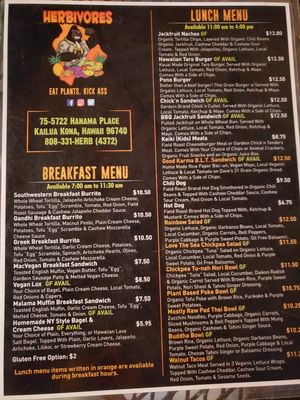 Menu at Herbivores in Kailua Kona