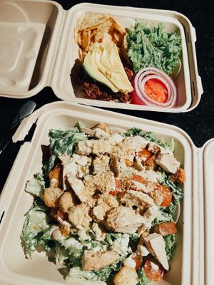 Pulled jackfruit burger and chick’n Caesar salad.  at Herbivores in Kailua Kona