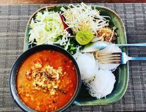Rice vermicelli with sprouts, cabbage and dried onion. Hot and spicy. Absolutely delicious at Goodsouls Kitchen in Chiang Mai
