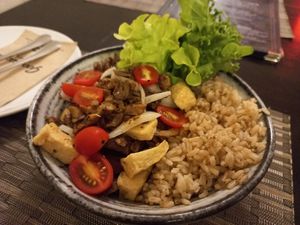Mushroom and rice bowl with extra tofu at Goodsouls Kitchen in Chiang Mai