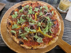 Godfather Pizza (shittake mushrooms, cashew cream, tomato, onion, greens, bell pepper, cashew mozzarella, tomato sauce), 260 baht  at Goodsouls Kitchen in Chiang Mai