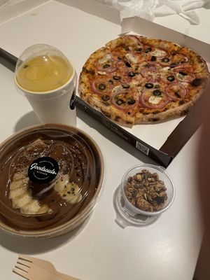 Ordered by Grab delivery: Puttanesca pizza, banana cacao bowl and passion fruit and mango smoothie  at Goodsouls Kitchen in Chiang Mai