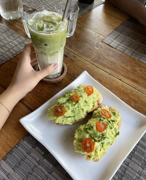 Matcha latte with almond milk & avocado toast  at Goodsouls Kitchen in Chiang Mai
