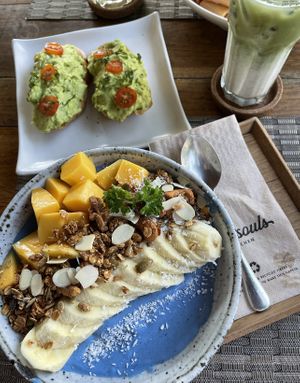 Avocado toast & blue majik smoothie bowl  at Goodsouls Kitchen in Chiang Mai