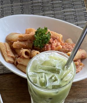 Match latte with almond milk & pasta   at Goodsouls Kitchen in Chiang Mai