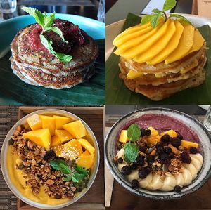 Sesame pancakes; pancakes with mango; mango passion, berry love at Goodsouls Kitchen in Chiang Mai