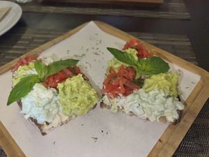 Avocado cashew cream cheese crostini  at Goodsouls Kitchen in Chiang Mai