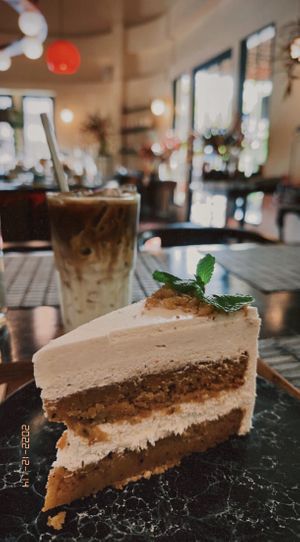 Carrot and cream cake (135 THB), Iced caramel macchiato w/ coconut milk (85 THB)  at Goodsouls Kitchen in Chiang Mai