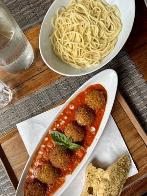 Falafel tomato sauce (200 THB), Plain spaghetti (60 THB)  at Goodsouls Kitchen in Chiang Mai