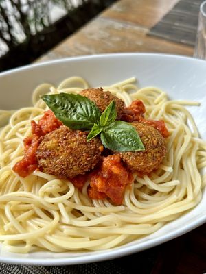 Falafel tomato sauce (200 THB), Plain spaghetti (60 THB)  at Goodsouls Kitchen in Chiang Mai