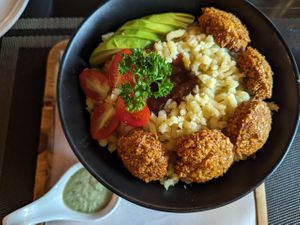 falafel on bed of potato at Goodsouls Kitchen in Chiang Mai