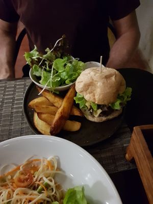 Mushroom burger w/ chips (wedges) at Goodsouls Kitchen in Chiang Mai