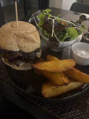 Mushroom burger 🍔 Huge portion   at Goodsouls Kitchen in Chiang Mai