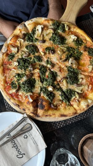 Mushroom pizza with pestoo  at Goodsouls Kitchen in Chiang Mai