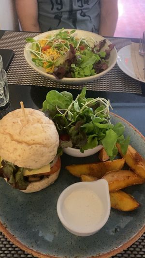 Mushroom n cheese burger, and scrambled tofu   at Goodsouls Kitchen in Chiang Mai