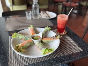 Fresh vegetable rolls with delicious sauce (with peanuts )  at Goodsouls Kitchen in Chiang Mai