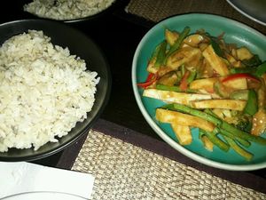 Red curry with brown rice at Goodsouls Kitchen in Chiang Mai