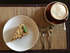 soy latte and carrot cake at Goodsouls Kitchen in Chiang Mai