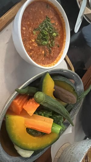 Some kind of chili dip with steamed veggies  at Goodsouls Kitchen in Chiang Mai