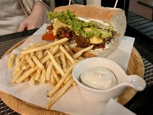 Philly cheese steak sandwich and fries   at Goodsouls Kitchen in Chiang Mai