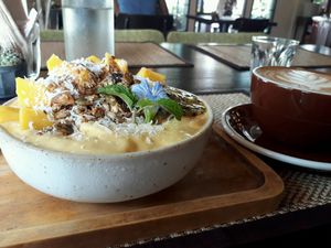 Mango Passion Smoothie Bowl and Soy Milk Latte at Goodsouls Kitchen in Chiang Mai
