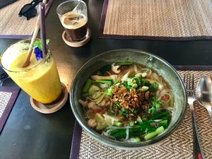 Breakfast noodle soup & mango lassis  at Goodsouls Kitchen in Chiang Mai