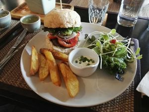 Mushroom Burger (comes with potato fries and salad) at Goodsouls Kitchen in Chiang Mai
