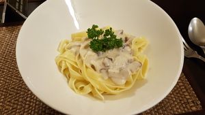 Pasta with mushroom creamy sauce at Goodsouls Kitchen in Chiang Mai