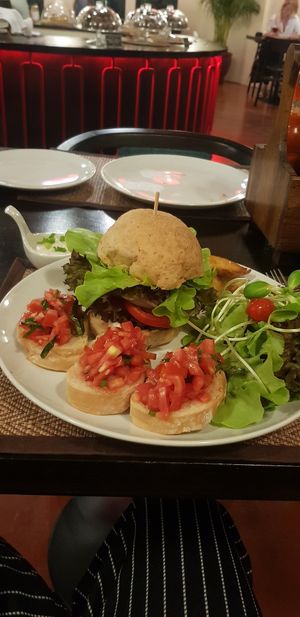 Mushroom burger and bruchetta at Goodsouls Kitchen in Chiang Mai