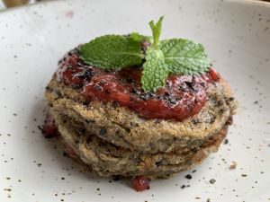 Sesame pancake with berry sauce at Goodsouls Kitchen in Chiang Mai