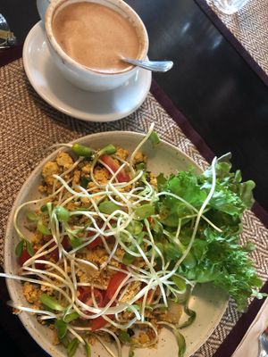 Tofu scramble and latte with coconut milk. So good!!! at Goodsouls Kitchen in Chiang Mai