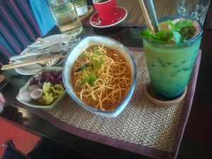 Chiang mai specialty noodles with passion fruit smoothie at Goodsouls Kitchen in Chiang Mai