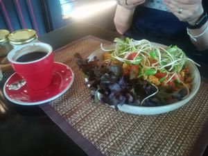 Scrambled tofu with coffee at Goodsouls Kitchen in Chiang Mai
