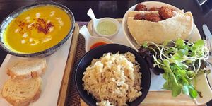 Falafel in Pitta with pumpkin soup  at Goodsouls Kitchen in Chiang Mai